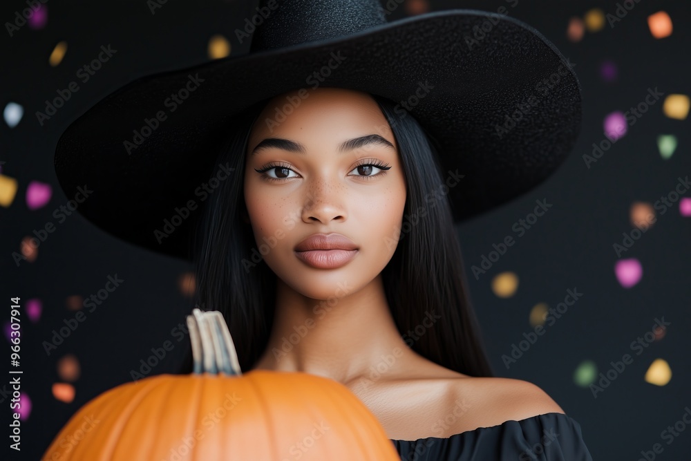 african american brunette woman facing forward with long bob haircut wearing black dress and black pointy witch hat close up holding a pumpkin, black background african american brunette woman facing forward with long bob haircut wearing black dress and black pointy witch hat close up holding a pumpkin, black background