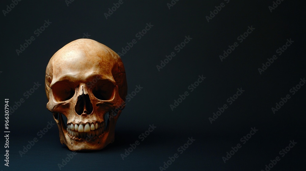 Fototapeta premium A realistic human skull displayed against a dark background, emphasizing anatomical features.