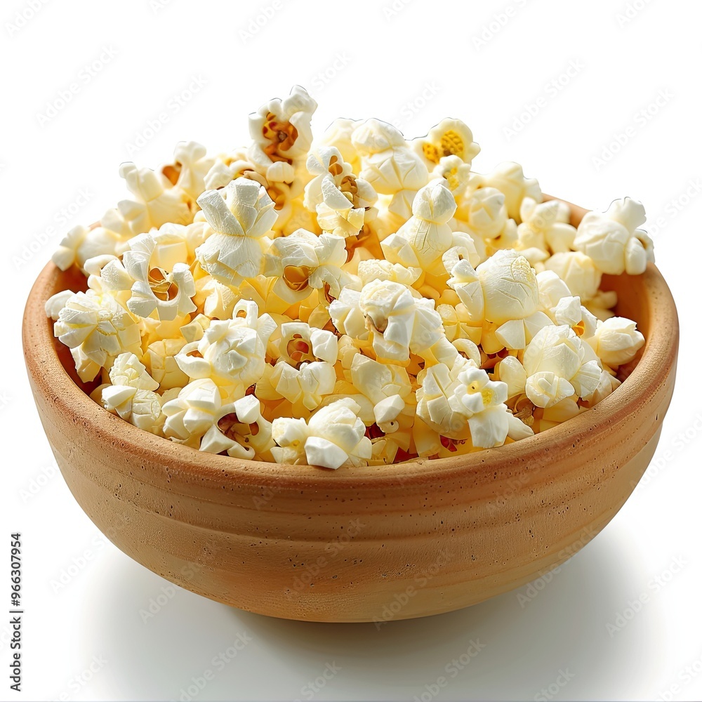 A bowl of freshly popped popcorn, isolated on a white background. Bright lighting emphasizes the fluffy texture and buttery color of the popcorn.