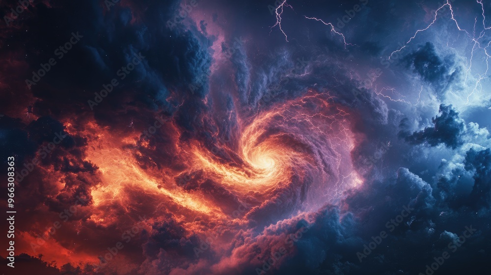 Close-up satellite image of a severe thunderstorm with swirling clouds and vivid lightning, illustrating the storm's dramatic effect