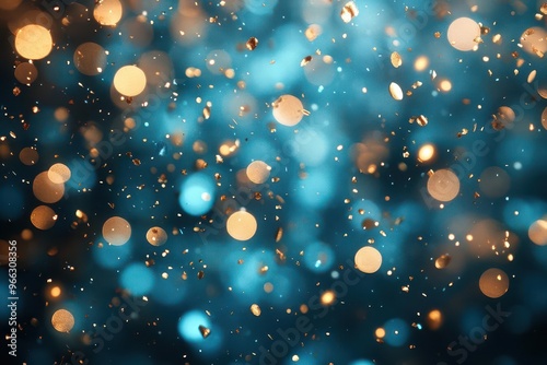 dreamy tealcolored background with shimmering confetti in various shapes and sizes floating and swirling in a whimsical pattern photo