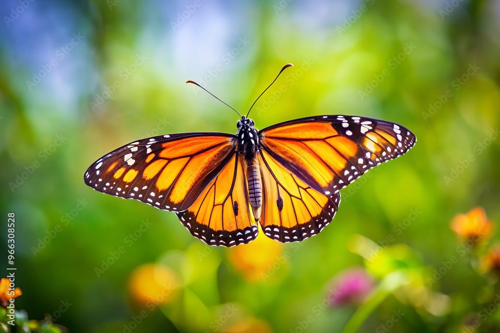 Vibrant monarch butterfly with delicate orange and black wings flapping rapidly as it takes flight against a soft, Vibrant monarch butterfly with delicate orange and black wings flapping rapidly as it takes flight against a soft,