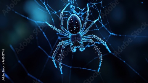 A close-up of a spider in its web, illuminated with a blue glow against a dark background. photo