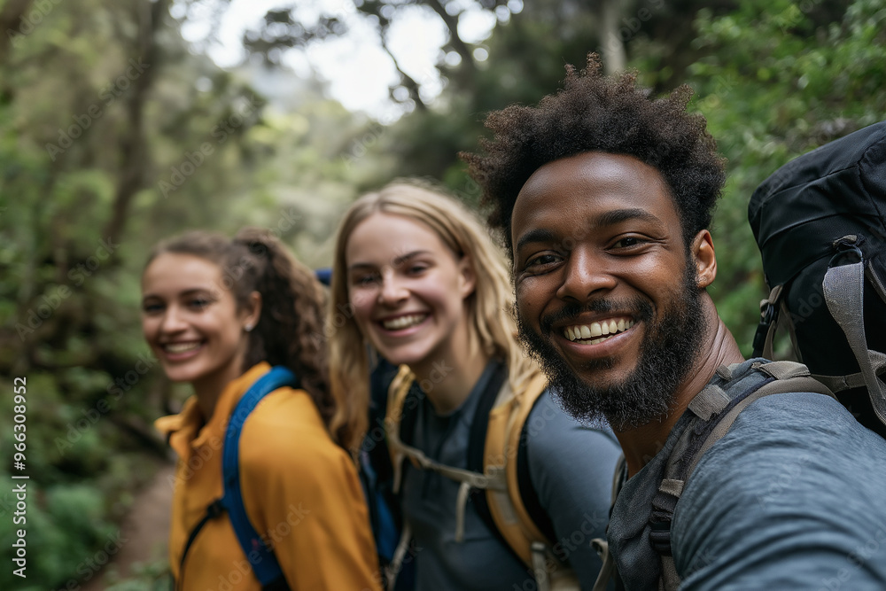 Three people smiling and posing for a photo in the woods. The man has a beard and is wearing a gray shirt Three people smiling and posing for a photo in the woods. The man has a beard and is wearing a gray shirt