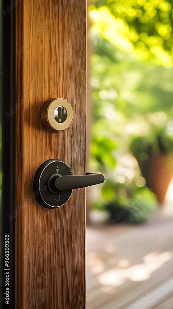 Obraz premium A close-up of a smart lock on a wooden front door, with soft natural lighting highlighting the details,No blurriness