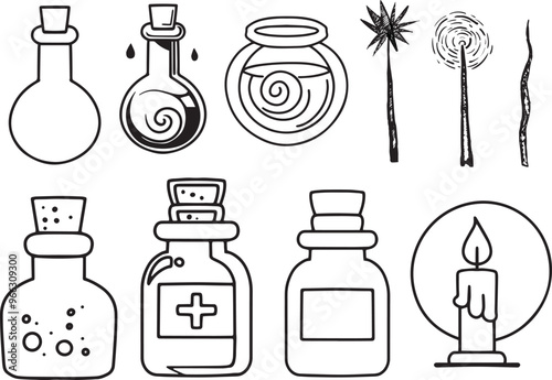 Witch Set line art witch magic wand drawing halloween clipart holiday party icons healer bottle elixir cauldron chemistry alchemy potion candle black silhouette prop sticker design elements contour