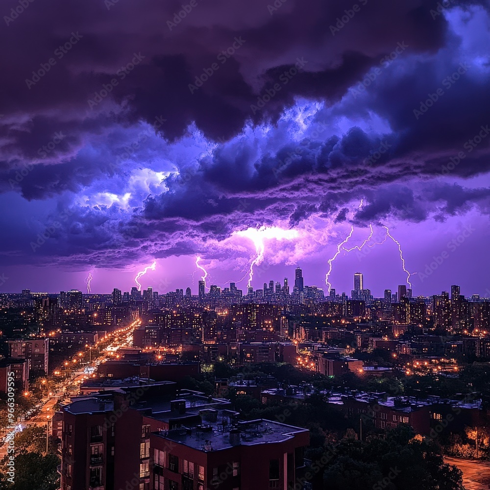 Fototapeta premium Fierce Lightning Storm Over City with Purple Hue