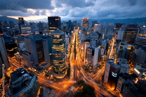 Osaka cityscape captured at twilight, where the last light of the day glows softly on the buildings before the city comes alive with neon lights