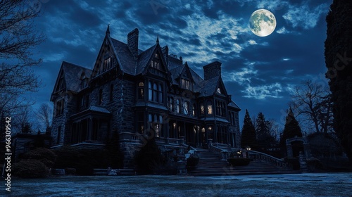 A dark, atmospheric mansion under a full moon, creating an eerie and mysterious ambiance.