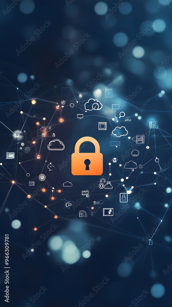 Naklejka premium An abstract representation of a padlock surrounded by cloud icons, indicating secure cloud storage with a light backdrop,No blurriness