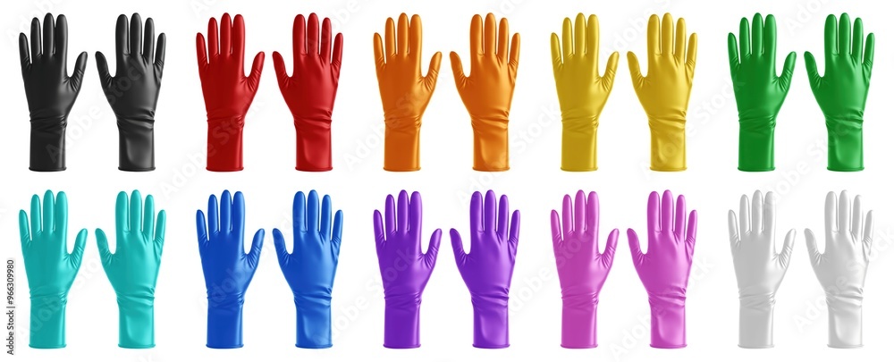 collection of vibrant rubber gloves in various colors, isolated on a white background, ideal for cleaning or industrial use, Generative ai. collection of vibrant rubber gloves in various colors, isolated on a white background, ideal for cleaning or industrial use, Generative ai.