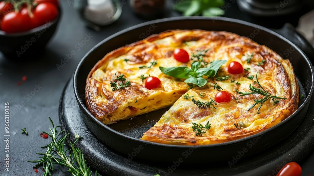 This image showcases a traditional Spanish tortilla, also known as tortilla española. The golden-brown crust encases a fluffy and savory egg and potato filling This image showcases a traditional Spanish tortilla, also known as tortilla española. The golden-brown crust encases a fluffy and savory egg and potato filling