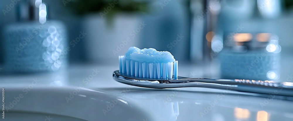Closeup of toothbrush with toothpaste on a bathroom counter. Closeup of toothbrush with toothpaste on a bathroom counter.