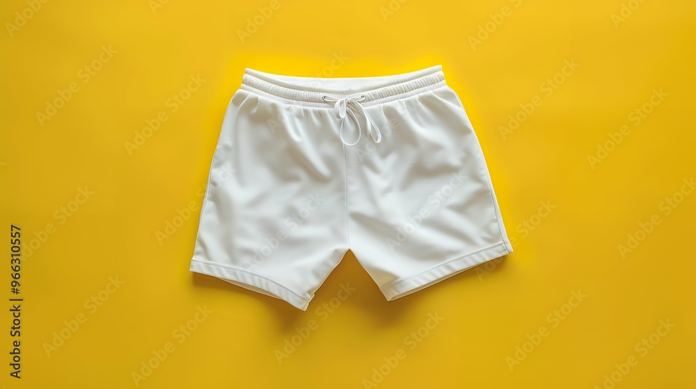 Fototapeta premium Vibrant Mockup of Plain White Boardshorts on a Bold Yellow Background – Ideal for Beachwear Branding, Summer Fashion Promotions, and Activewear Marketing Visuals