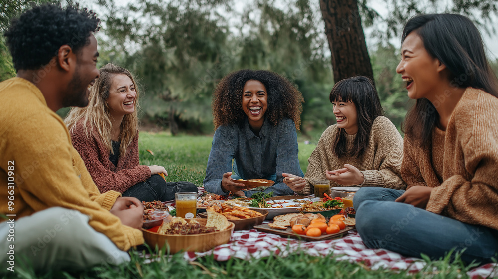 A group of people are sitting on a blanket in a park, eating food and laughing A group of people are sitting on a blanket in a park, eating food and laughing
