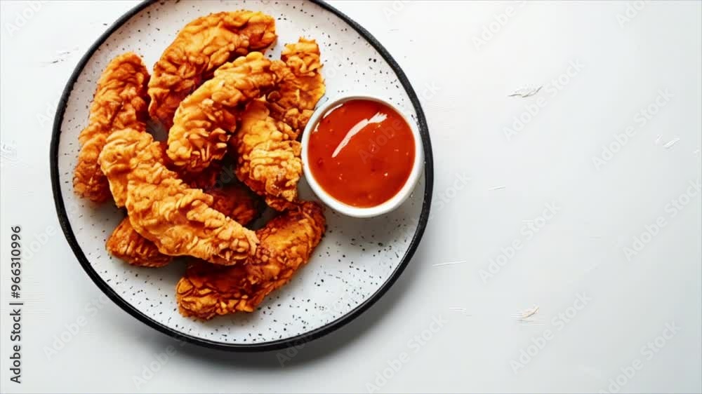 Fried breaded chicken tender strips with tomato ketchup sauce, white background top view with copy space Fried breaded chicken tender strips with tomato ketchup sauce, white background top view with copy space