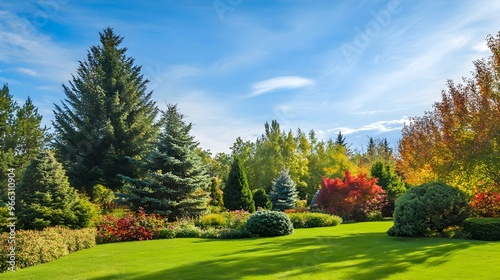 A serene landscape featuring a well-maintained garden with vibrant trees and a clear blue sky, emphasizing the beauty of tree care,No blurriness