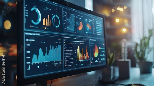 AI technology automates data analytics. Business analytics, automation of artificial intelligence, and big data. Touch screen dashboard report featuring sales and operational charts and KPI insights.