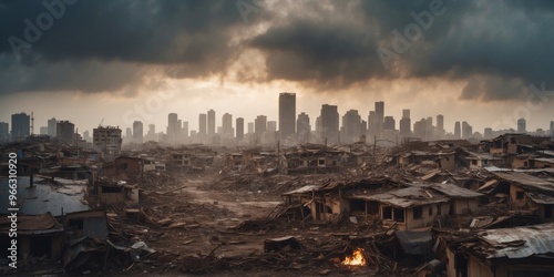 A dystopian portrayal of a city ravaged by disaster featuring collapsing buildings and a tumultuous sky. photo