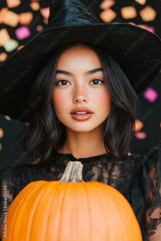 brunette woman facing forward with long bob haircut wearing black dress and black pointy witch hat close up holding a pumpkin, black background brunette woman facing forward with long bob haircut wearing black dress and black pointy witch hat close up holding a pumpkin, black background