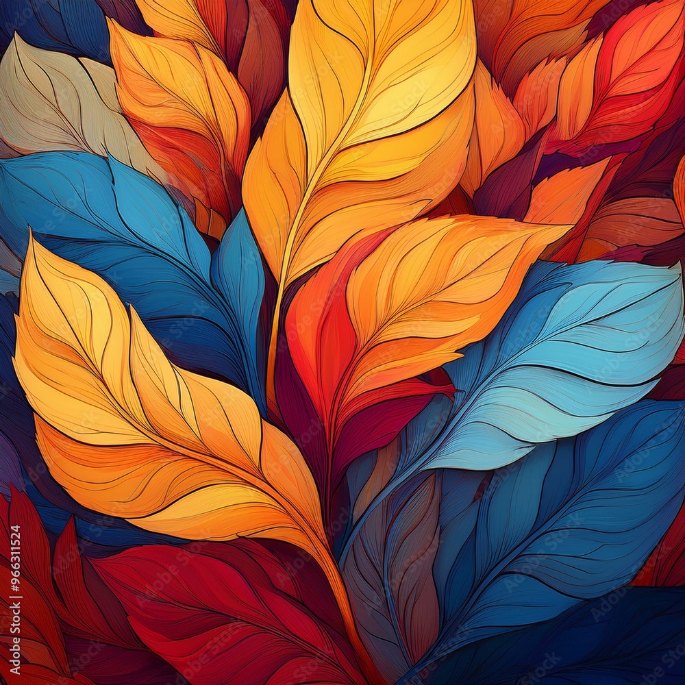 Fototapeta premium Vibrant Abstract Background with Colorful Leaves, Autumn Foliage in Red, Blue, Yellow Tones