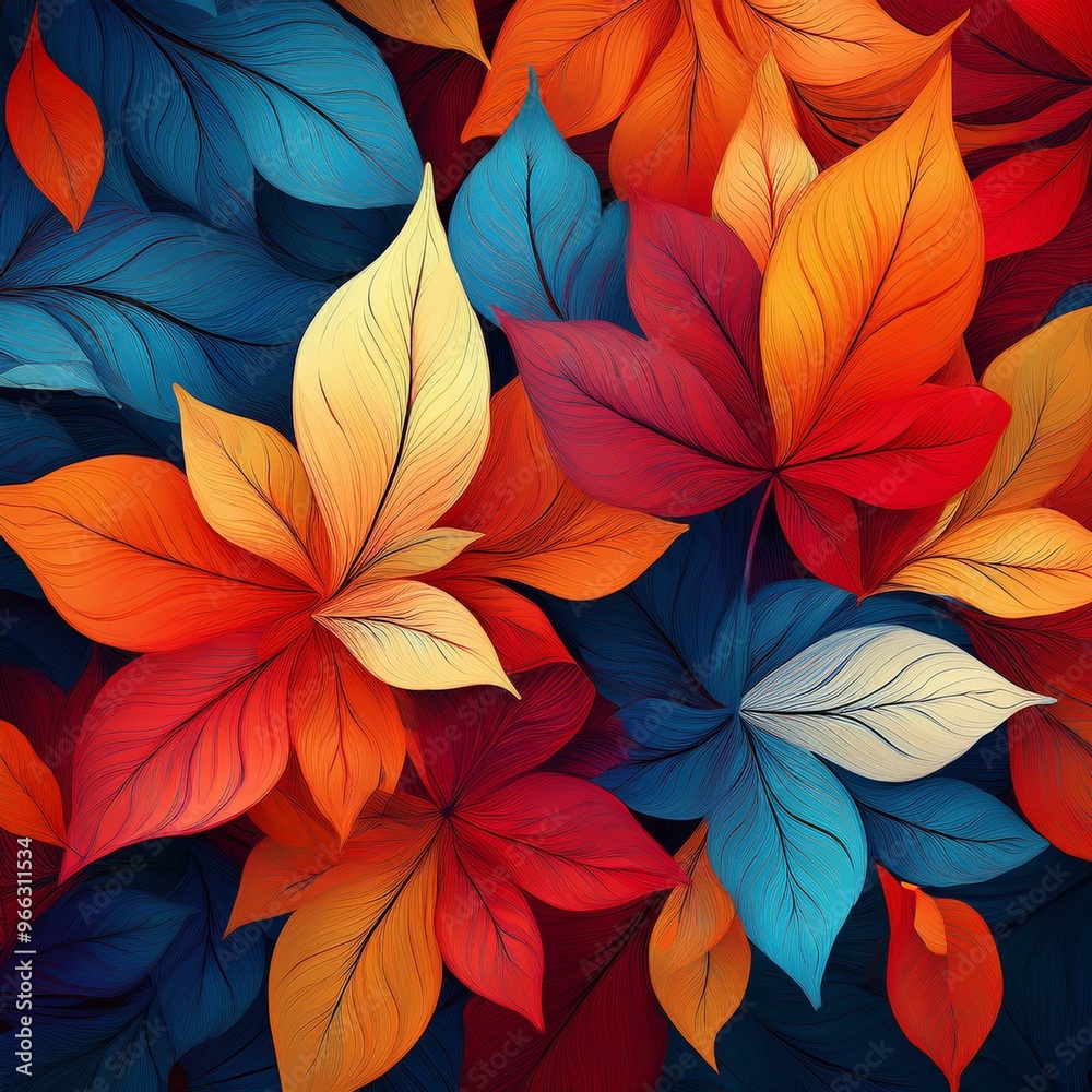 Vibrant Abstract Background with Colorful Leaves, Autumn Foliage in Red, Blue, Yellow Tones Vibrant Abstract Background with Colorful Leaves, Autumn Foliage in Red, Blue, Yellow Tones