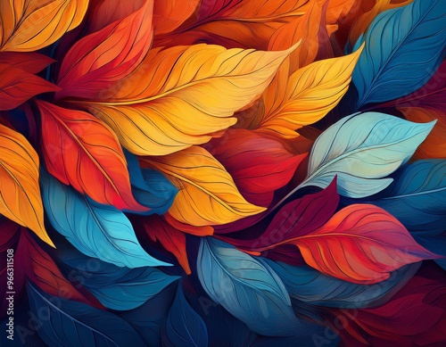 Wallpaper Mural Vibrant Abstract Background with Colorful Leaves, Autumn Foliage in Red, Blue, Yellow Tones Torontodigital.ca