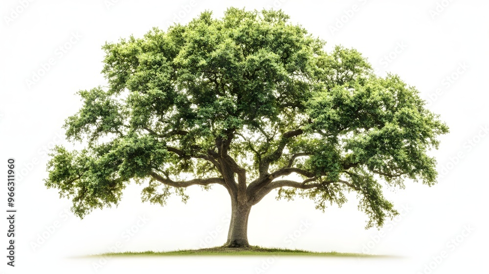 A majestic oak tree with sprawling branches and vibrant green leaves, set against a light solid color background, conveying a sense of life and growth,No blurriness A majestic oak tree with sprawling branches and vibrant green leaves, set against a light solid color background, conveying a sense of life and growth,No blurriness