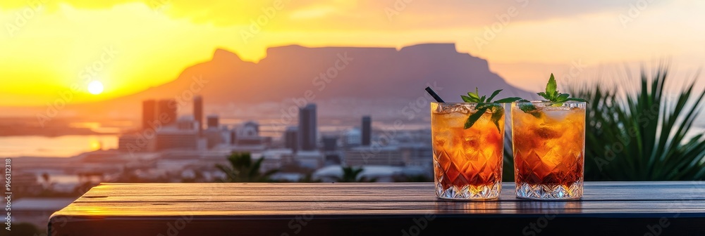 Fototapeta premium Two cocktails on a table overlooking a stunning sunset with Table Mountain in the background. The city lights twinkle below