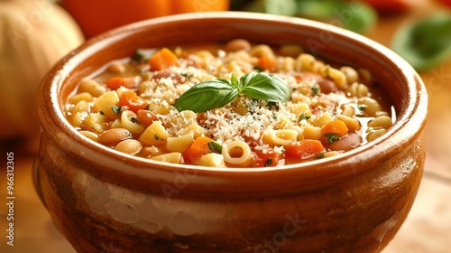  Mac & cheese soup in a bowl topped with Parmesan