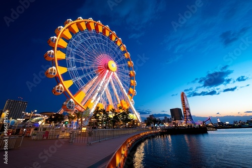 The colorful lights of Osaka Aquarium, illuminating the night as the giant Ferris wheel spins slowly in the background