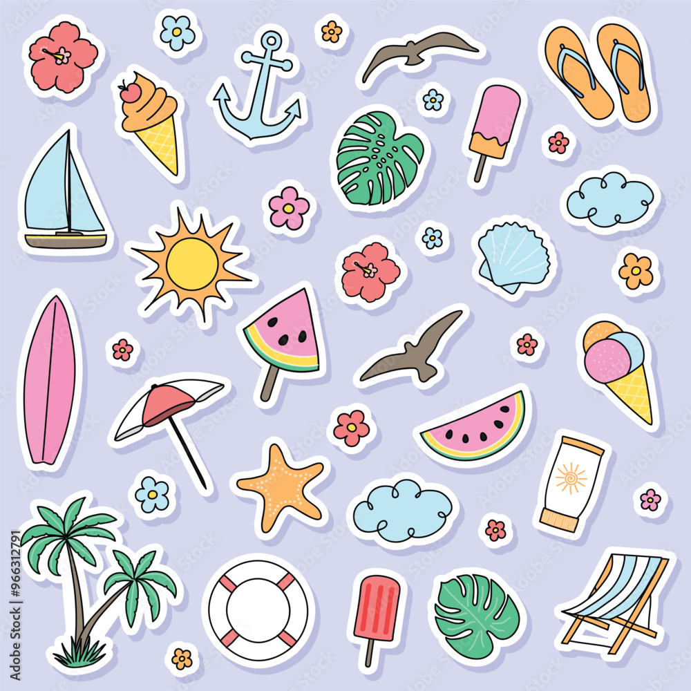 Colourful summer stickers. Icon set. Vector illustration Colourful summer stickers. Icon set. Vector illustration