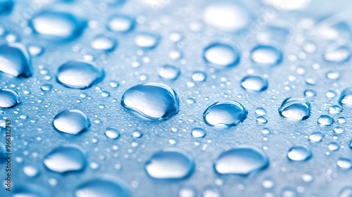 A close-up of clear water droplets on a smooth surface, with a light blue tint, ideal for conveying freshness,No blurriness