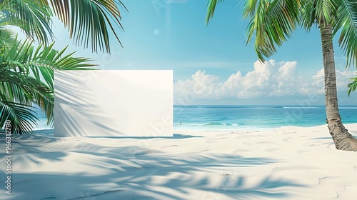 Versatile Mockup of a Blank White Poster Sign on a Stunning Beach – Ideal for Coastal Advertising, Summer Promotions, and Creative Outdoor Marketing Visuals
