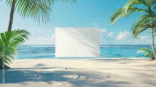 Versatile Mockup of a Blank White Poster Sign on a Stunning Beach – Ideal for Coastal Advertising, Summer Promotions, and Creative Outdoor Marketing Visuals
