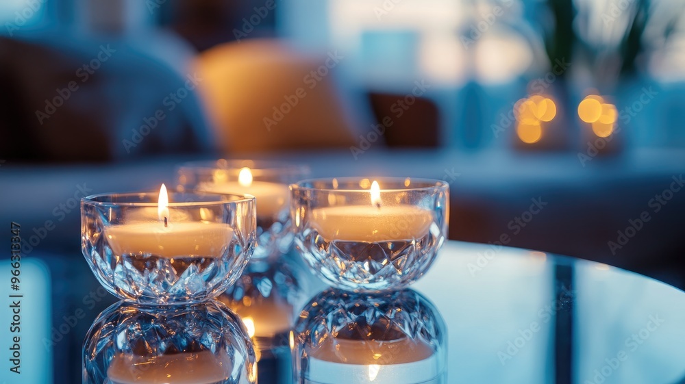 Softly glowing candles in elegant crystal holders reflecting light in a serene, cozy ambiance. Softly glowing candles in elegant crystal holders reflecting light in a serene, cozy ambiance.