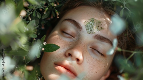 A serene girl resting in nature with delicate green leaves around her. The peaceful scene invites calm and beauty into your life.