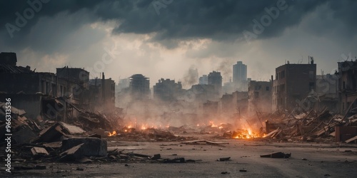 Post Apocalyptic Cityscape Destroyed Buildings Rubble Smoke and Sky.