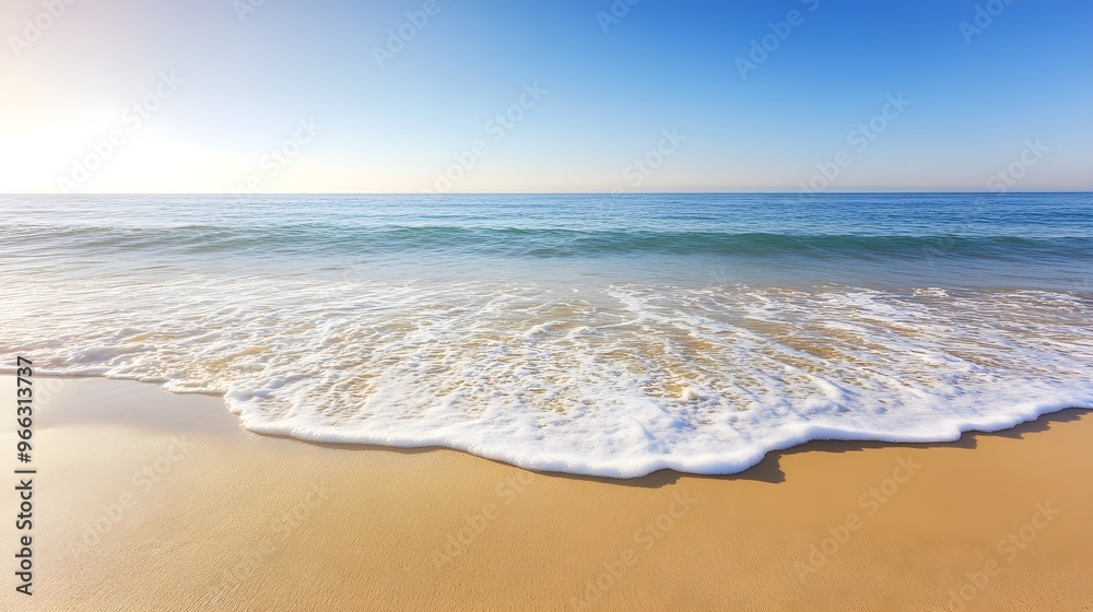 A serene beach scene with gentle waves lapping at the shore, soft golden sand, and a clear blue sky,No blurriness A serene beach scene with gentle waves lapping at the shore, soft golden sand, and a clear blue sky,No blurriness