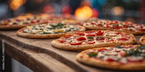 Colorful pizza slices displayed on a food stand at a summer festival. photo