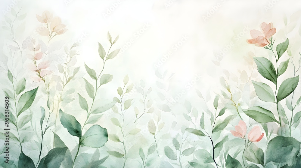 Fototapeta premium A vibrant watercolor painting of delicate leaves and flowers, featuring rich greens and soft pinks, set against a light solid color background, allowing for ample copy space,No blurriness