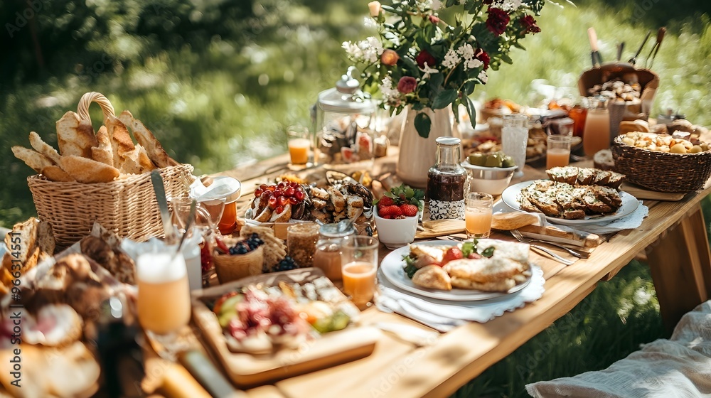 A beautifully set picnic table adorned with delicious food and drinks, surrounded by cheerful guests celebrating a sunny day,No blurriness A beautifully set picnic table adorned with delicious food and drinks, surrounded by cheerful guests celebrating a sunny day,No blurriness
