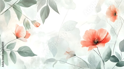 Fototapeta Naklejka Na Ścianę i Meble -  A realistic depiction of assorted leaves and blooming flowers in a watercolor style, with gentle brush strokes that create a calming effect, ideal for text overlay,No blurriness