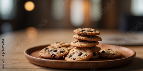 chocolate chip cookie served aesthetically in a wooden plate and table. photo