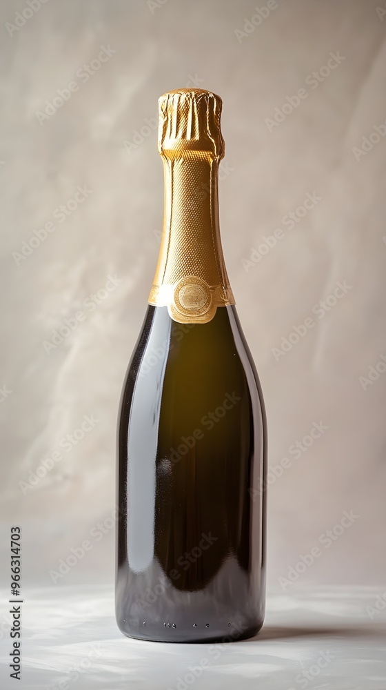 A single champagne bottle with a golden label, standing tall against a muted color backdrop,No blurriness A single champagne bottle with a golden label, standing tall against a muted color backdrop,No blurriness