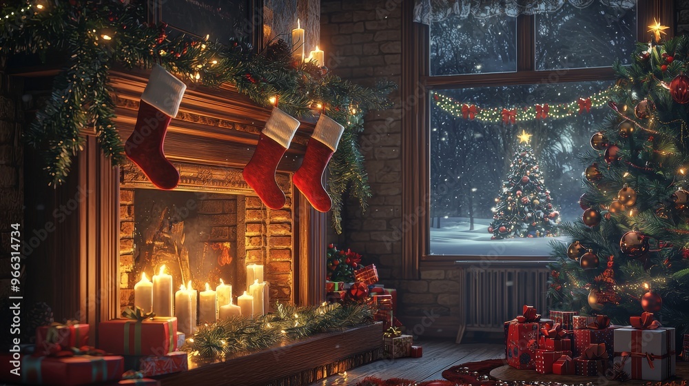 Fototapeta premium Cozy Christmas Mantel with Garland, Burning Candles, and Red Stockings in Festive Room Decor Design