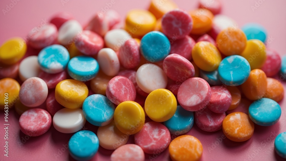 Colorful marble effect candies on pink surface. Colorful marble effect candies on pink surface.