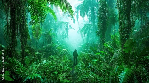  Man amidst verdant, palm-tree forest with tall, emerald leaves