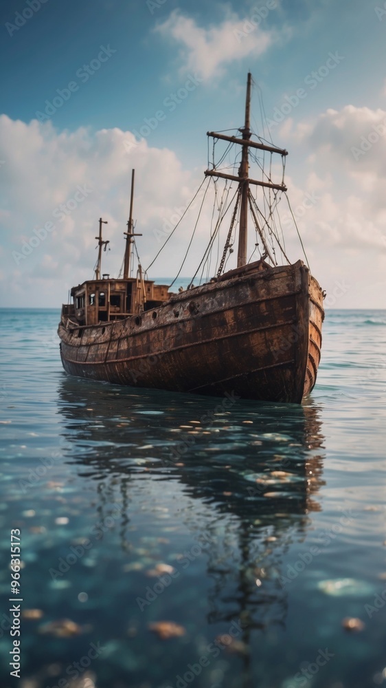 A shipwreck frozen in time, floating in the middle of a crystal-clear sea. A shipwreck frozen in time, floating in the middle of a crystal-clear sea.