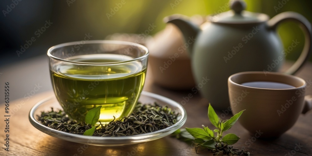 Close Up of Loose Leaf Green Tea with Cup of Tea. Close Up of Loose Leaf Green Tea with Cup of Tea.